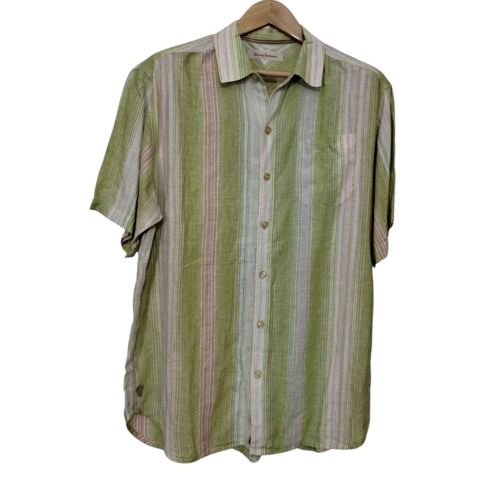 Tommy Bahama Men's Sz L Button Up Short Sleeve‎ Shirt Striped 100% Linen Coastal